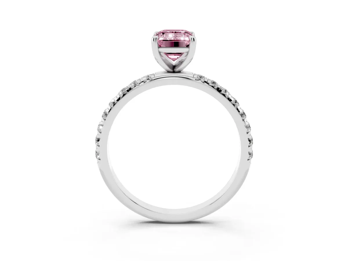 Fancy Pink Emerald Cut Cut Diamond Solitaire Ring with Micro Pave Band and Four Prong Setting Silver