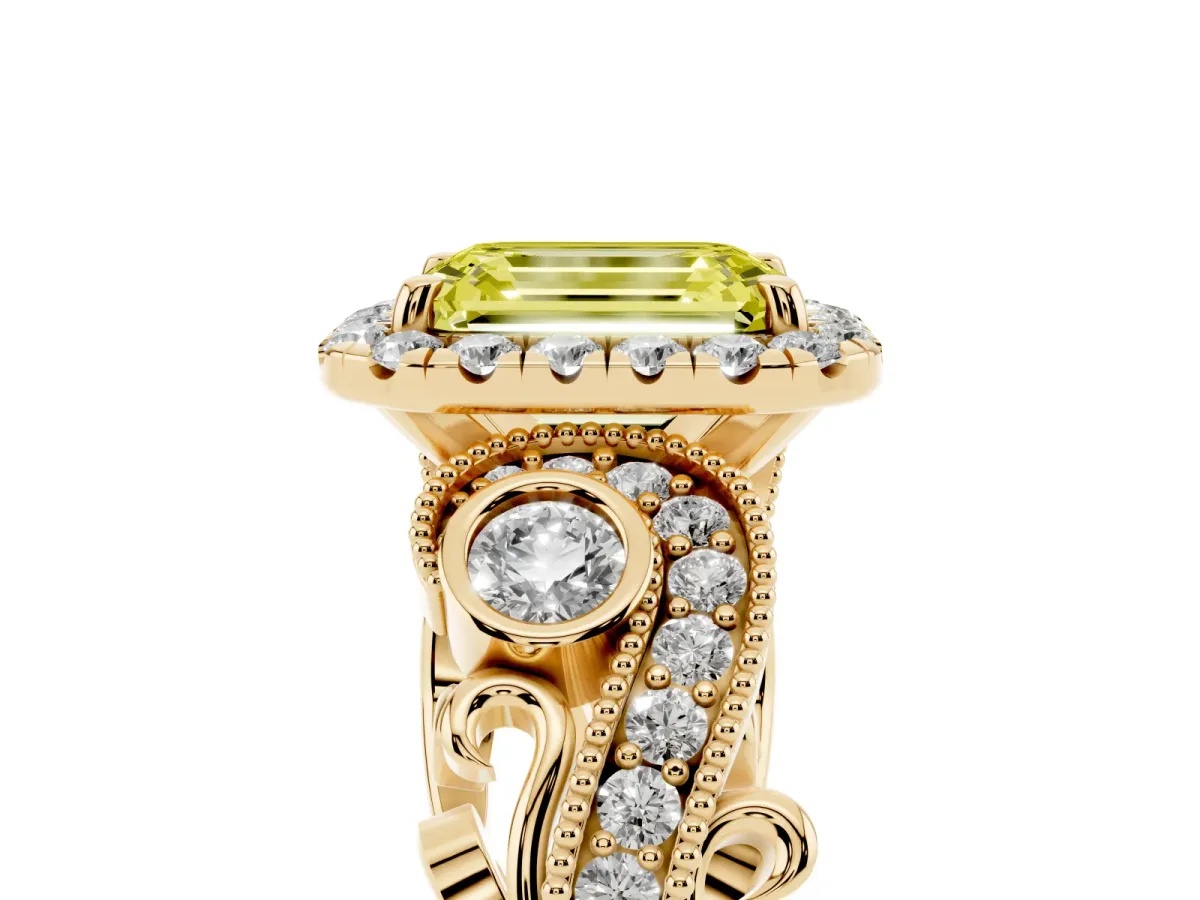 Fancy Yellow Emerald Cut Halo Diamond Ring with Milgrain and Bezel Accents on a Split Shank Band Yellow gold