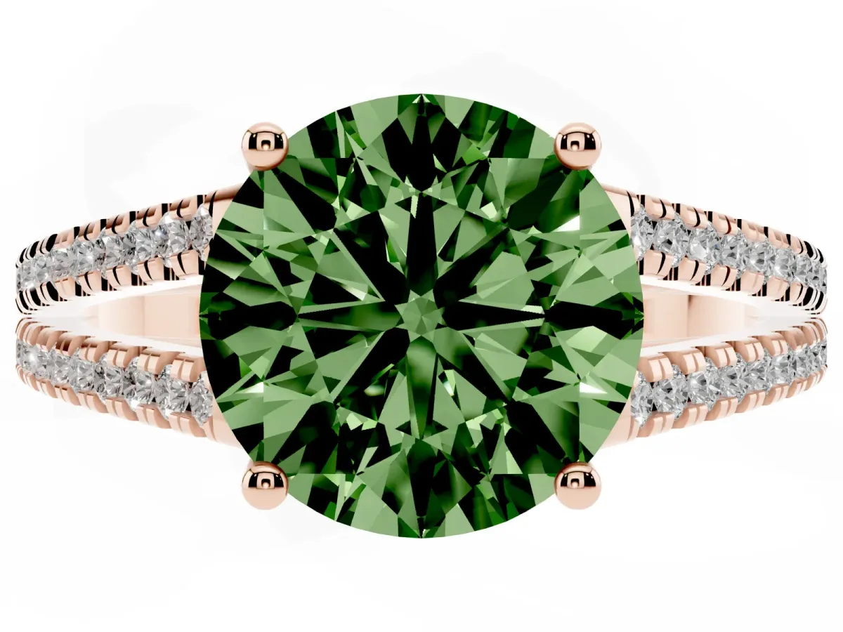 Fancy Green Round Cut Diamond Solitaire Engagement Ring with Split Shank Pavé Band Rose gold
