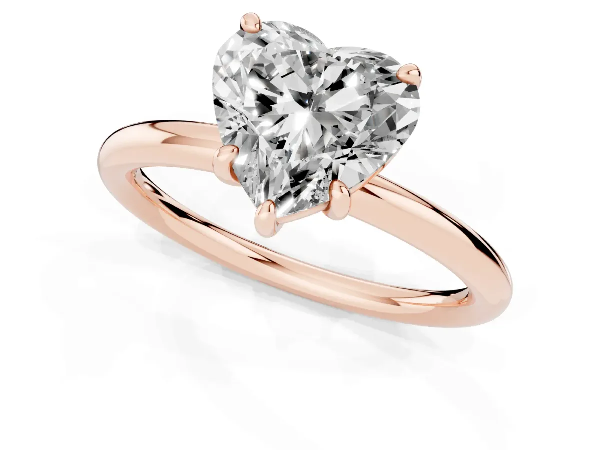 Heart Cut Solitaire Diamond Ring with Four-Prong Setting on a Plain Band Rose gold