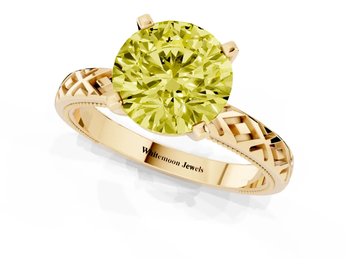 Fancy Yellow Round Cut Solitaire Diamond Ring with Milgrain and Black Enamel X Pattern Band Yellow gold