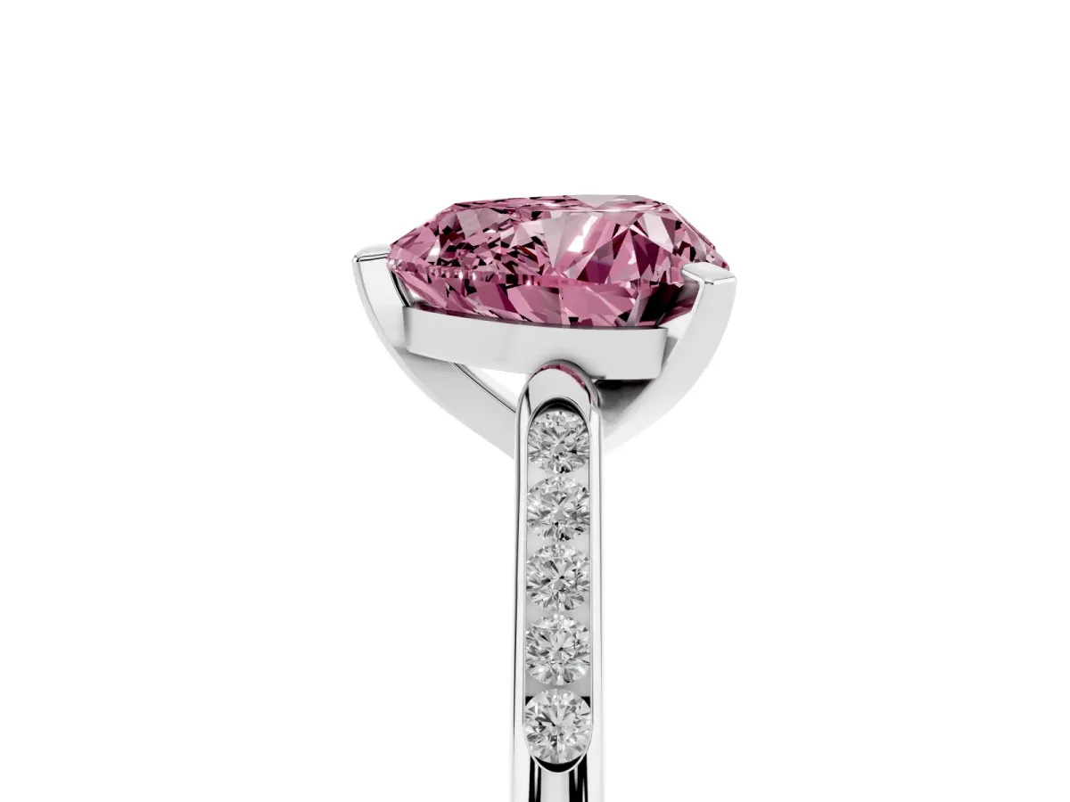 Fancy Pink Heart Cut Diamond Solitaire Ring with Channel Set Round Band and Prong Setting Silver