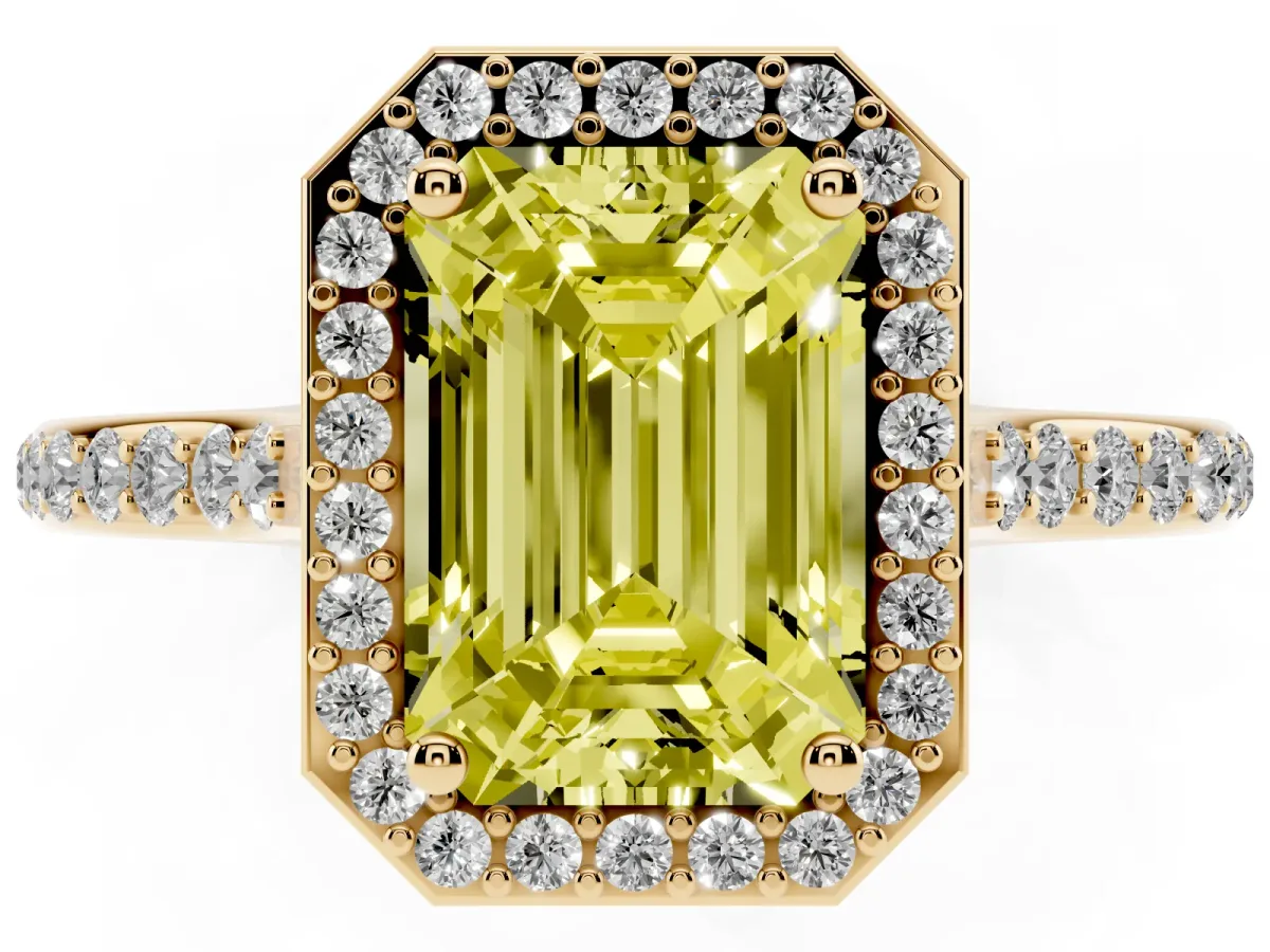 Fancy Yellow Emerald Cut Diamond Halo Engagement Ring with Round Pavé Shoulders and Prong Setting Yellow gold