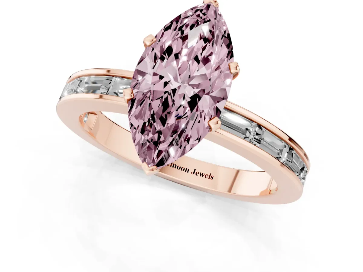 Fancy Pink Marquise Cut Solitaire Diamond Ring with Channel-Set Baguette Band and Four-Prong Setting Rose gold
