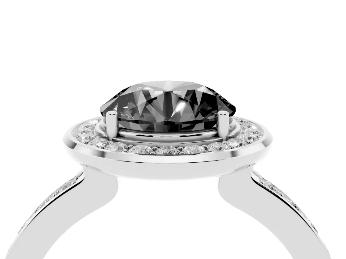 Fancy Black Round Cut Diamond Halo Ring with Bezel Frame and Pavé Band Silver