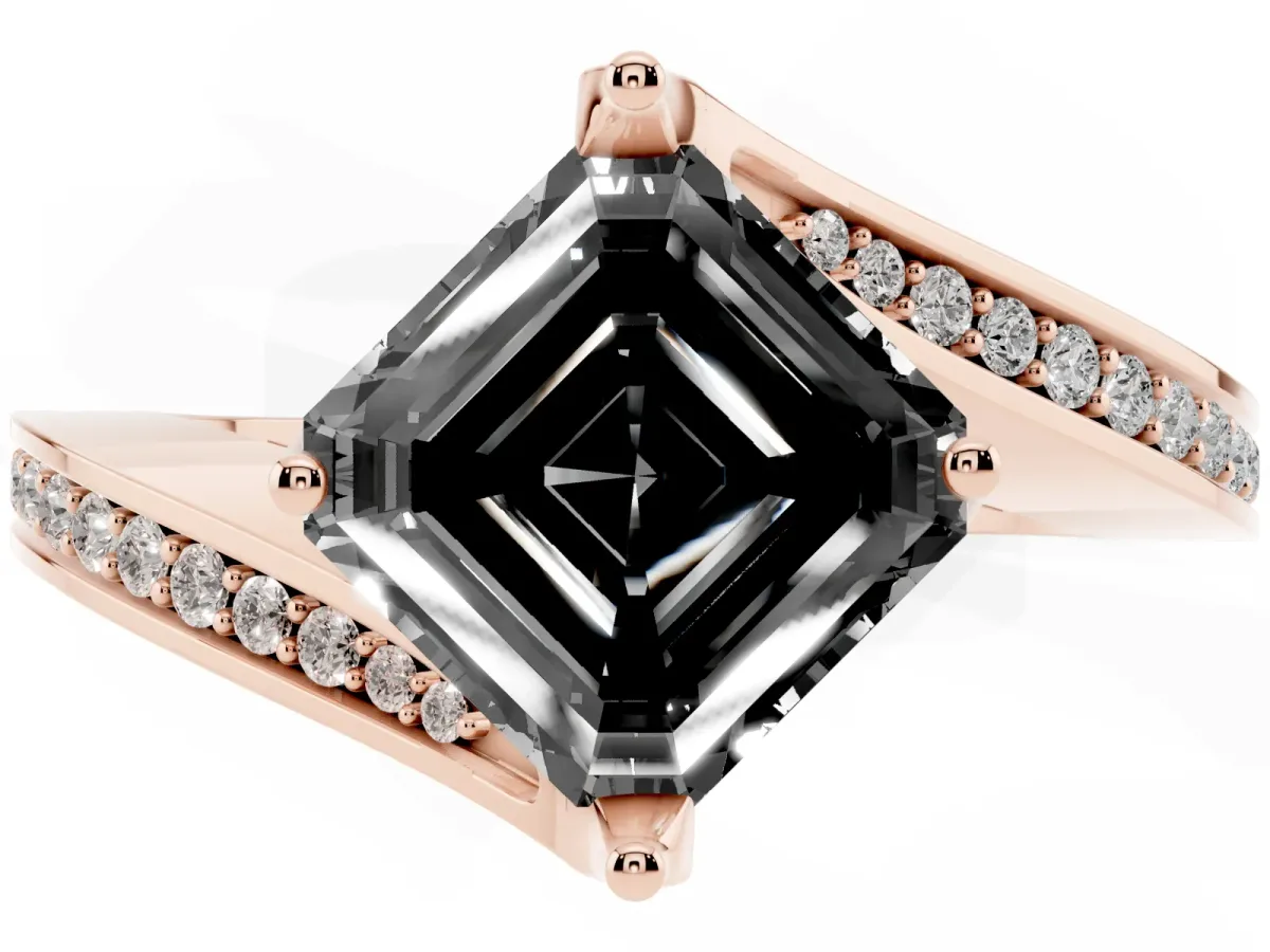 Fancy Black Asscher Cut Solitaire Diamond Twist Band with Pavé Setting and Four-Prong Setting Rose gold