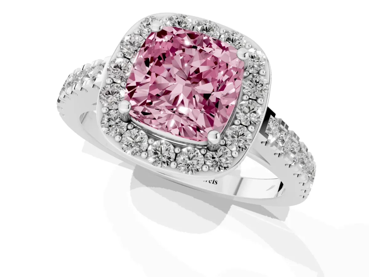 Fancy Pink Cushion Cut Diamond Halo Ring with Round Pavé Split Shank and Prong Setting Silver