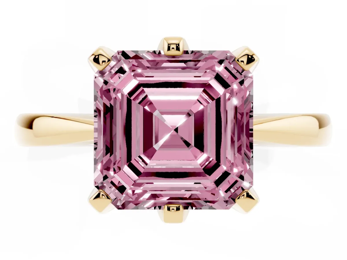 Fancy Pink Asscher Cut Solitaire Engagement Ring with Six-Prong Setting and Tapered Band Yellow gold