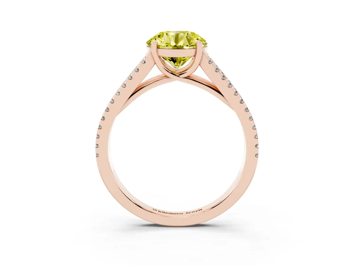 Fancy Yellow Round Cut Diamond Solitaire Engagement Ring with Split Shank Pavé Band Rose gold