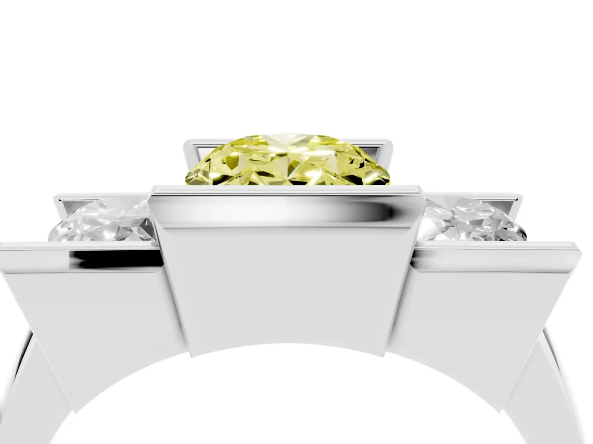 Fancy Yellow Three Stone Oval Cut Cut Channel Set Diamond Ring Platinum