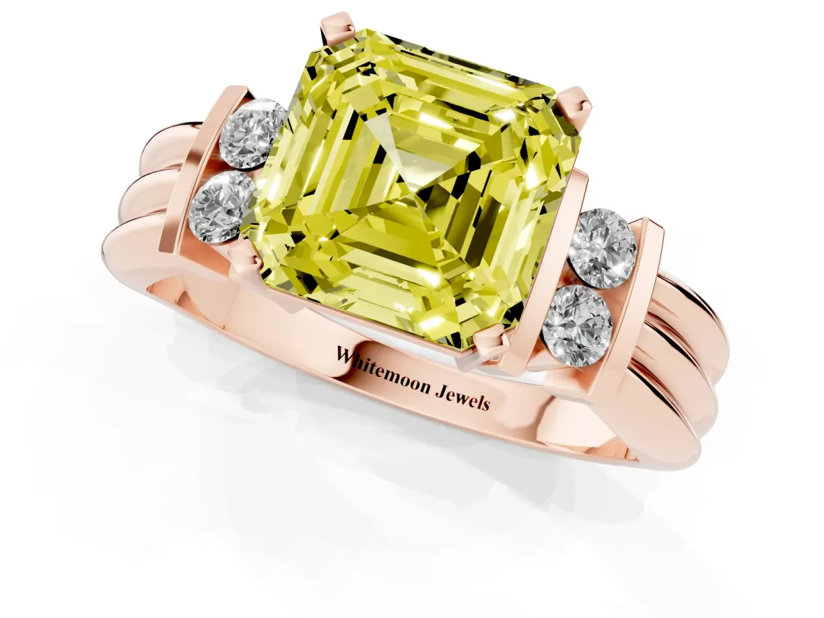 Fancy Yellow Asscher Cut Cut Three-Stone Channel Set Ring with Bar Prongs Rose gold