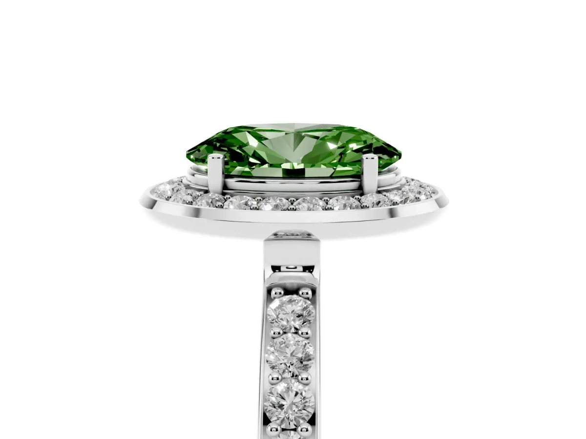 Fancy Green Oval Cut Diamond Halo Ring with Bezel Frame and Pavé Band Silver