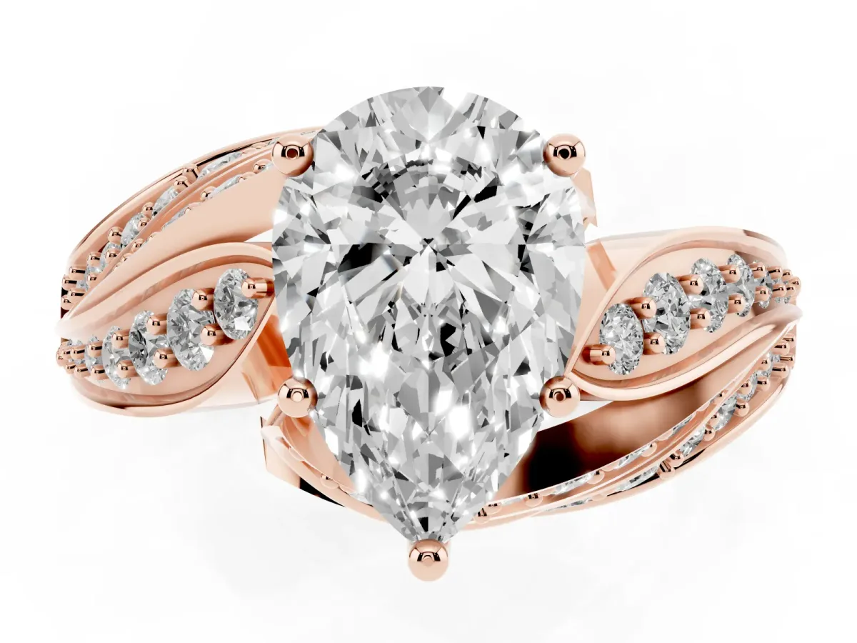 Pear Cut Diamond Solitaire Ring with Prong Setting and Twisted Pavé Band Rose gold