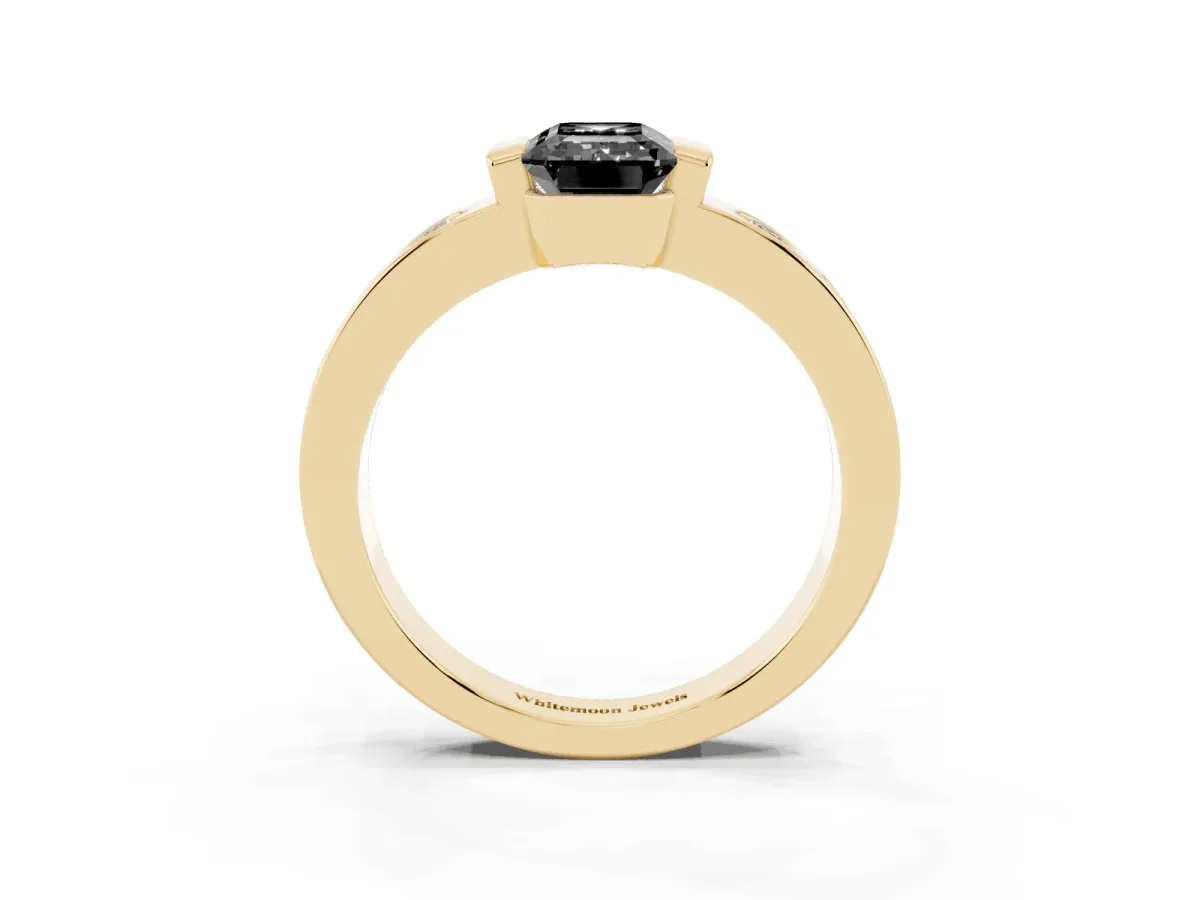 Fancy Black Emerald Cut Brilliant Channel-Set Diamond Ring with Bezel Prong Setting Yellow gold