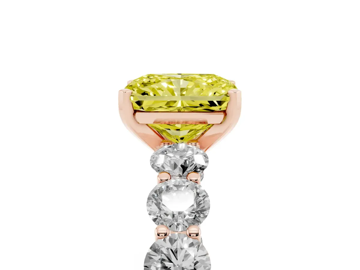 Fancy Yellow Radiant Cut Diamond Prong Setting with Side Stones on a Pave Band Rose gold