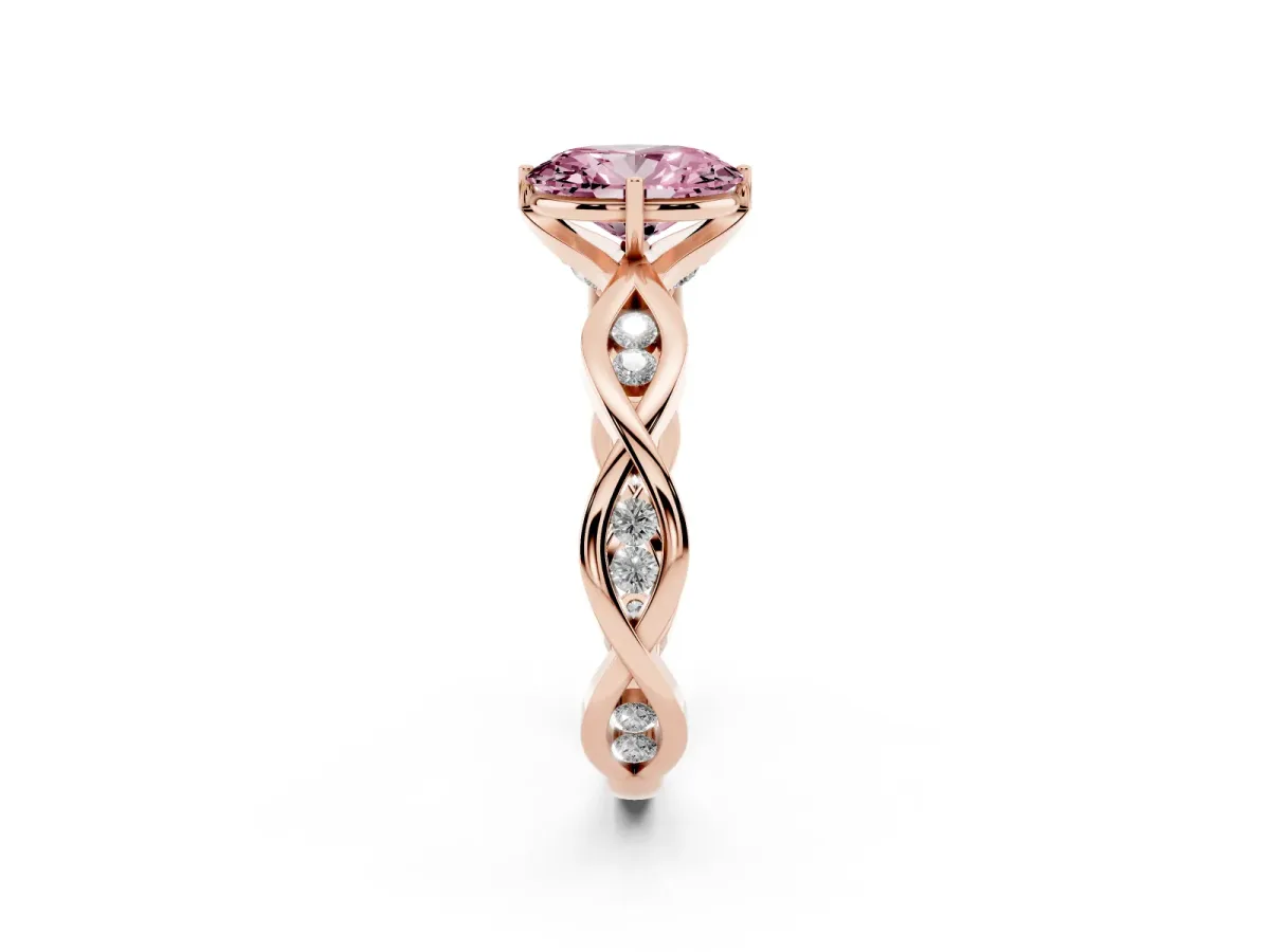 Fancy Pink Oval Cut Solitaire Twist Band with Leaf Prong Setting Rose gold