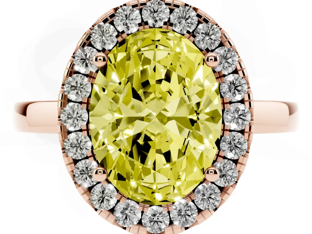 Fancy Yellow Oval Cut Halo Diamond Solitaire with Pavé Band and Four-Prong Setting Rose gold