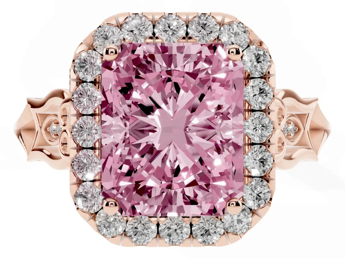 Fancy Pink Radiant Cut Halo Diamond Engagement Ring with Filigree Band and Four-Prong Setting Rose gold