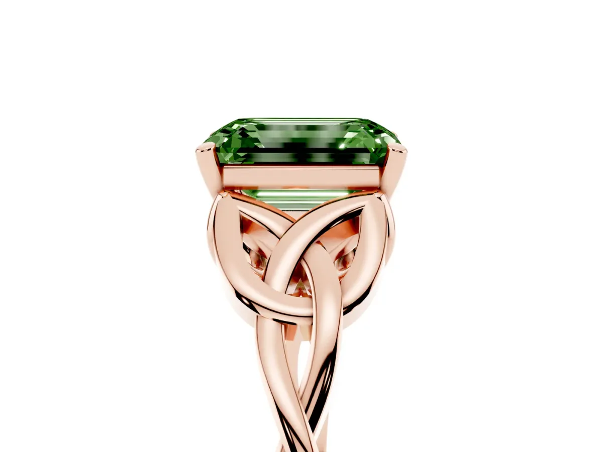 Fancy Green Emerald Cut Diamond Solitaire Engagement Ring with Celtic Knot Band and Four-Prong Setting Rose gold