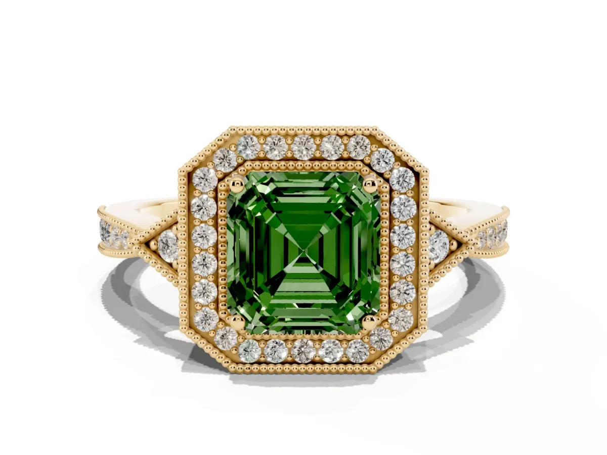 Fancy Green Asscher Cut Halo Round Diamond Milgrain Pave Engagement Ring Yellow gold