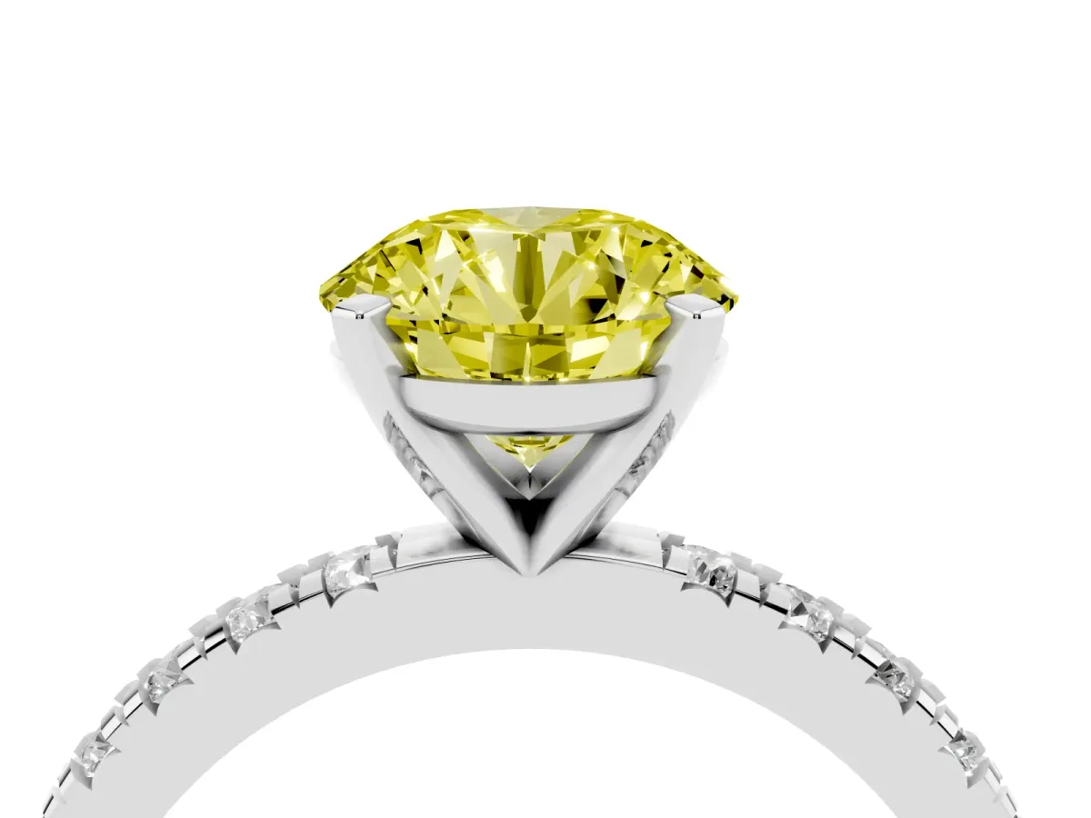 Fancy Yellow Round Cut Diamond Pavé Band Solitaire with Four-Prong Setting Silver