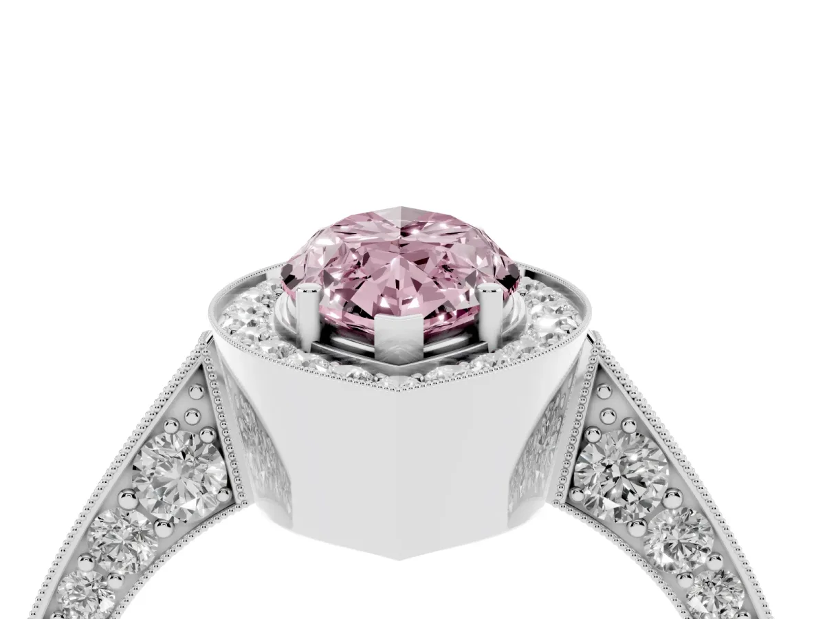 Fancy Pink Marquise Cut Halo Diamond Engagement Ring with Split Shank Band and Four-Prong Setting Silver