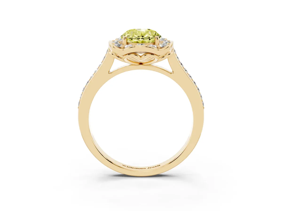 Fancy Yellow Oval Cut Halo Round Diamond Pave Band with Four-Prong Setting Yellow gold
