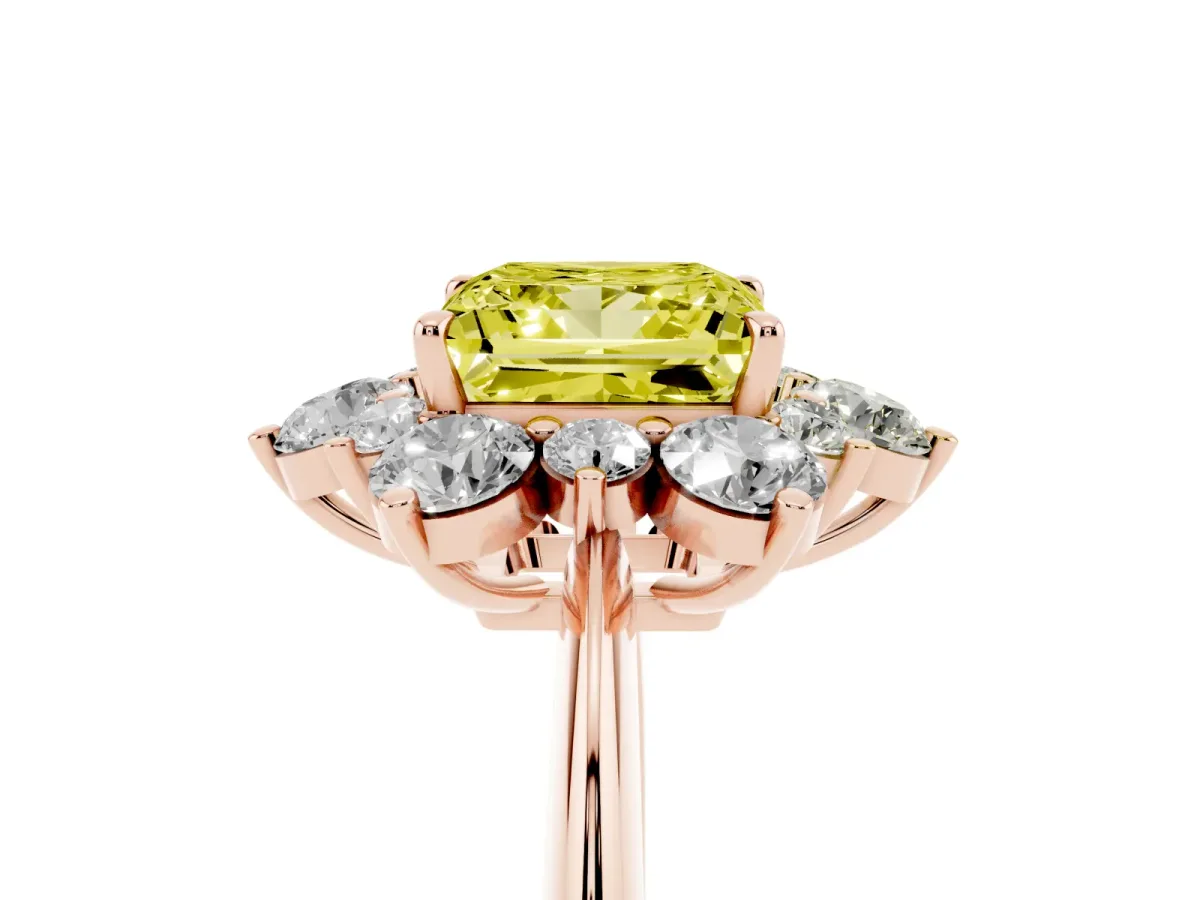 Fancy Yellow Princess Cut Diamond Cluster Halo Ring with Solitaire Band and Four-Prong Setting Rose gold