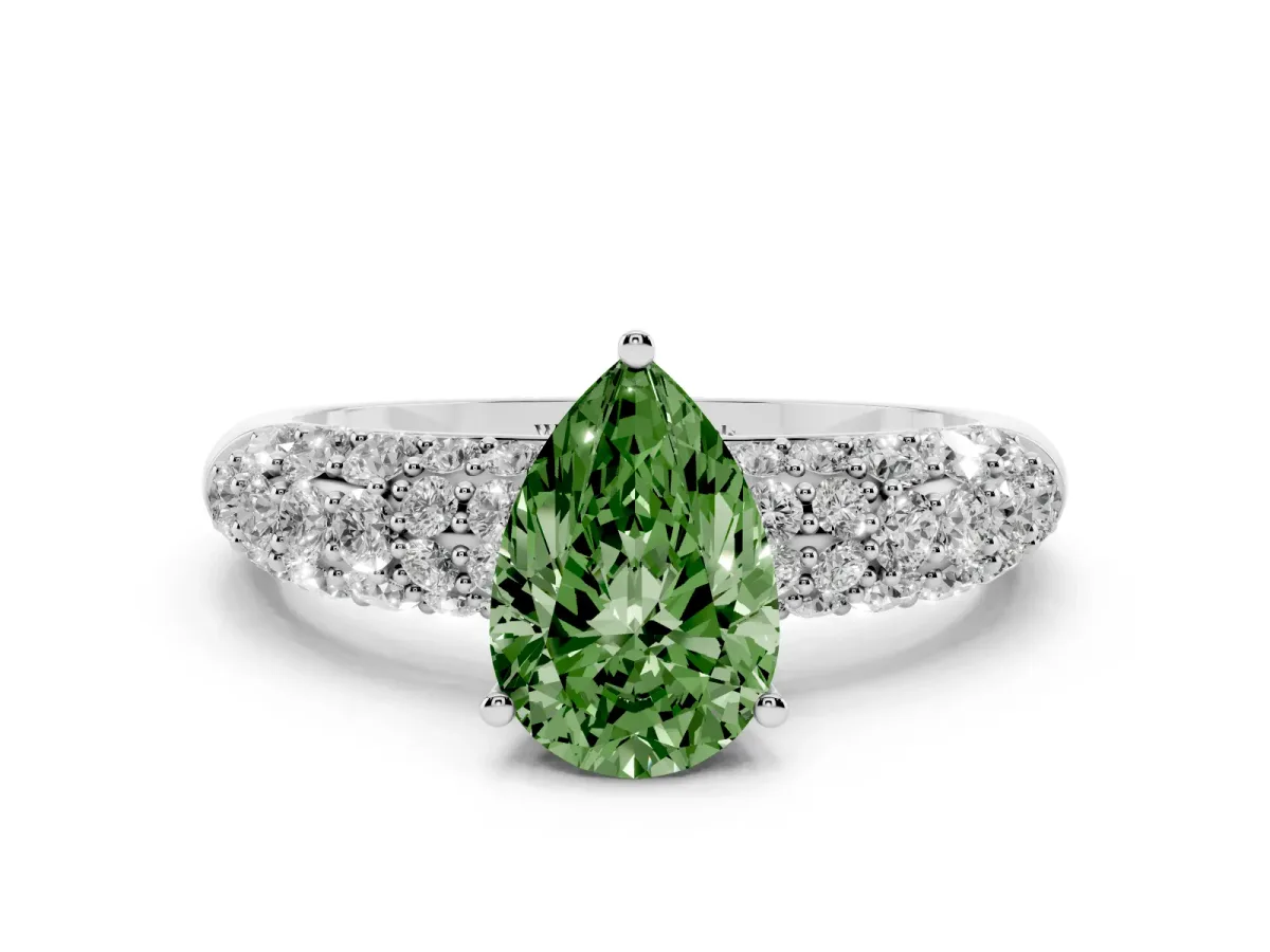 Fancy Green Pear Cut Diamond Pavé Band Solitaire Ring with Four-Prong Setting White gold