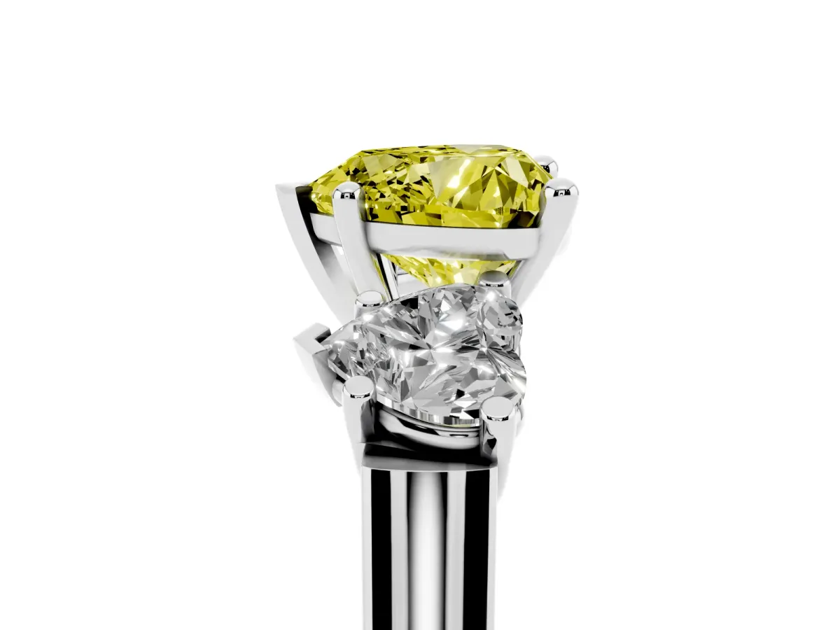 Fancy Yellow Three-Stone Heart Cut Brilliant Diamond Trellis Ring with Comfort Fit Band White gold