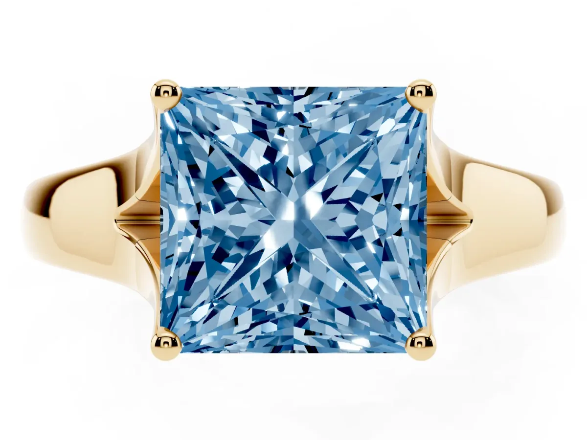 Fancy Blue Princess Cut Solitaire Diamond Ring with Cathedral Band and Four-Prong Setting Yellow gold
