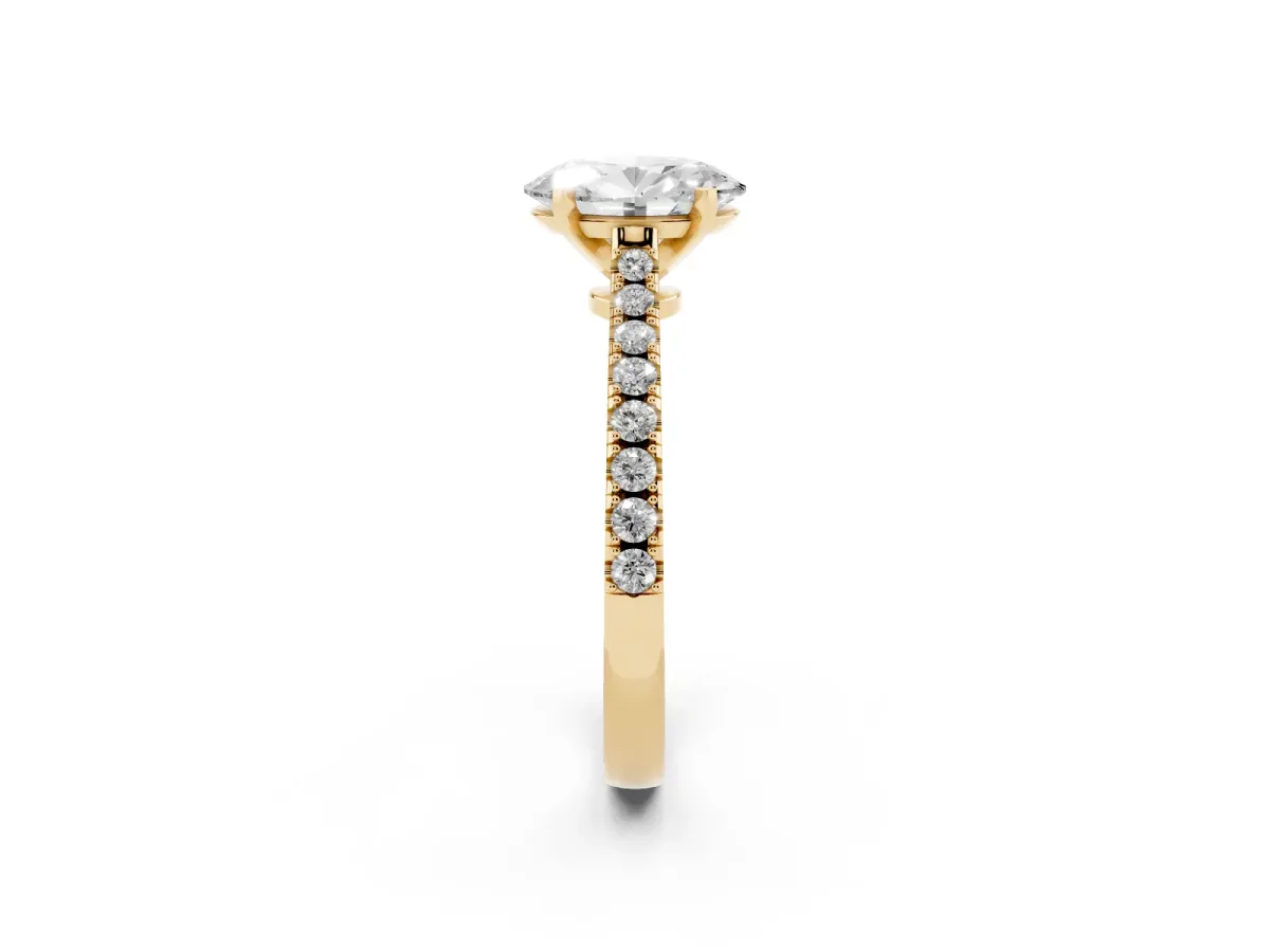 Oval Cut Cut Solitaire Diamond Engagement Ring with Pave Band and Four-Prong Setting Yellow gold
