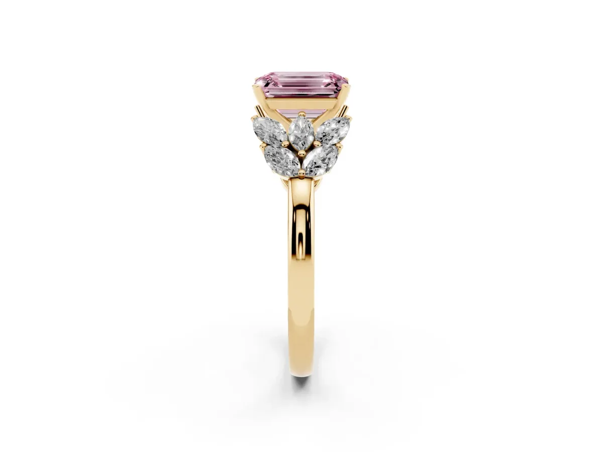 Fancy Pink Emerald Cut Diamond Cluster Leaf Design Ring with Prong Setting Yellow gold