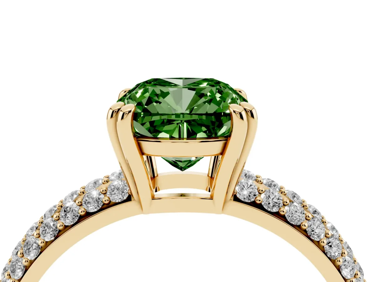 Fancy Green Cushion Cut Diamond Solitaire Ring with Multi-Row Round Pavé Band and Prong Setting Yellow gold