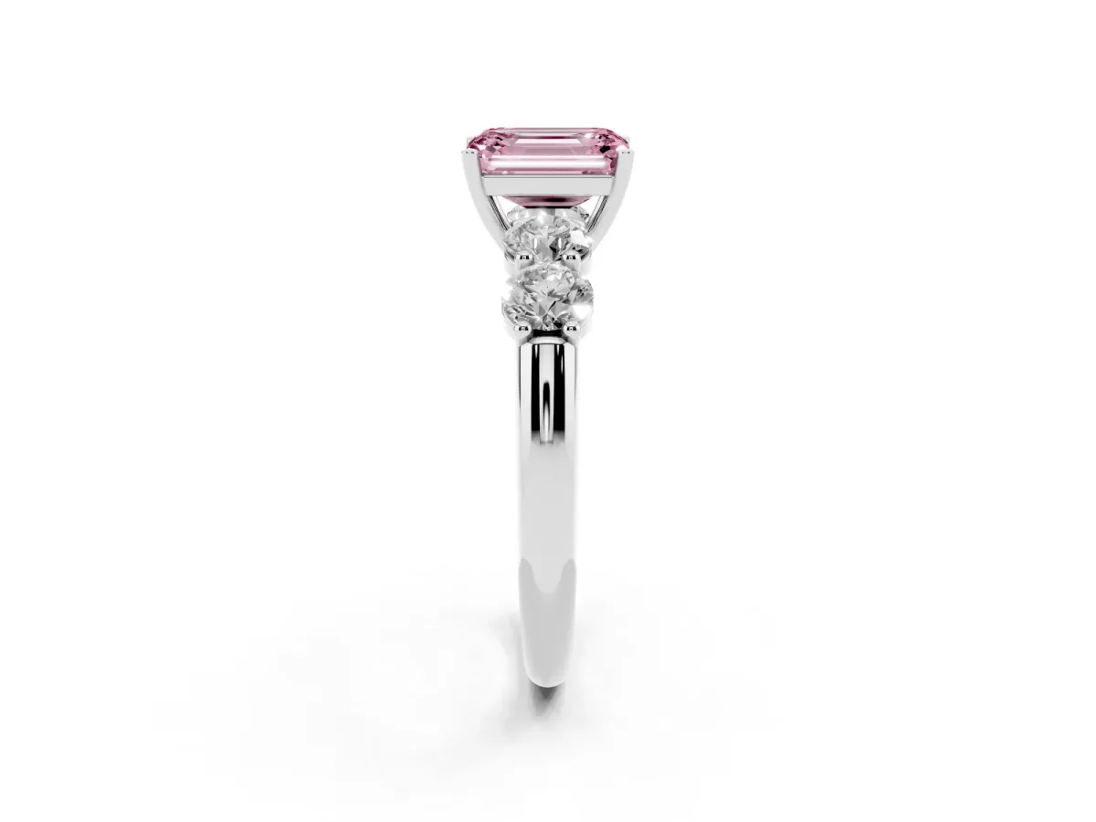 Fancy Pink Emerald Cut Cut Five-Stone Prong Set Diamond Ring with Classic Band Silver