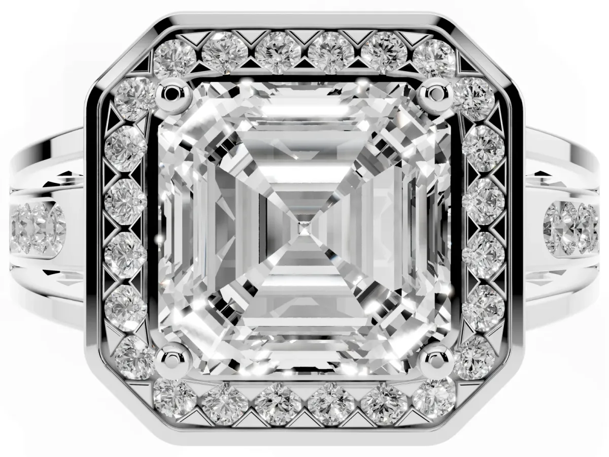 Asscher Cut Diamond Halo Ring with Split Shank and Bezel Accents and Prong Setting Silver