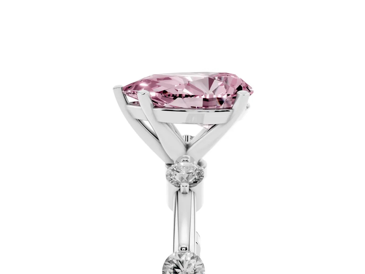 Fancy Pink Pear Cut Solitaire Diamond Ring with Bezel Set Side Stones and Prong Setting Silver