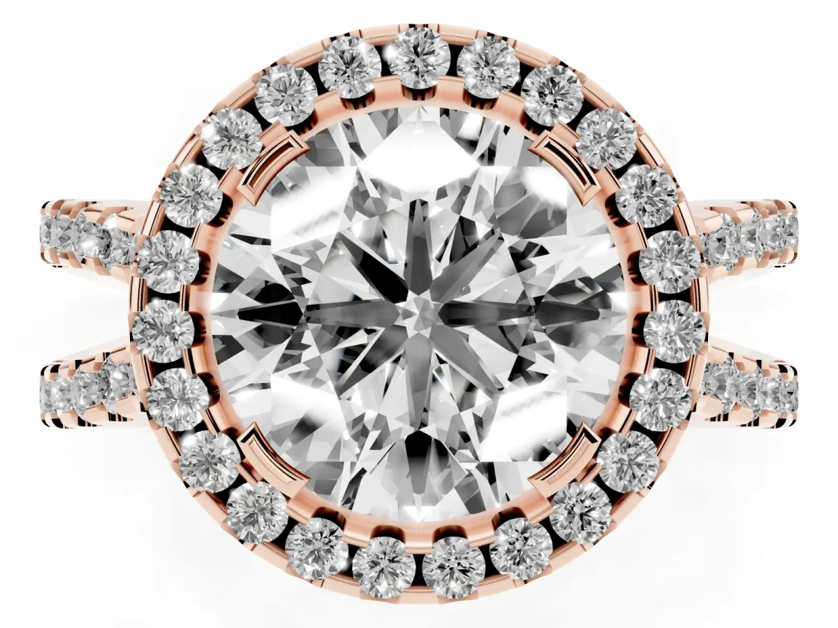 Round Cut Diamond Halo Ring with Split Shank Pavé Band and Prong Setting Rose gold