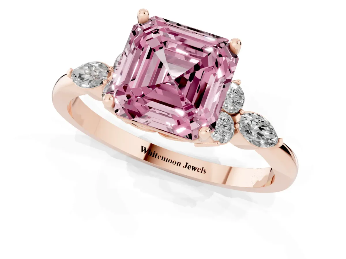 Fancy Pink Asscher Cut Brilliant Diamond Solitaire Ring with Pear Side Stones and Four-Prong Setting Rose gold