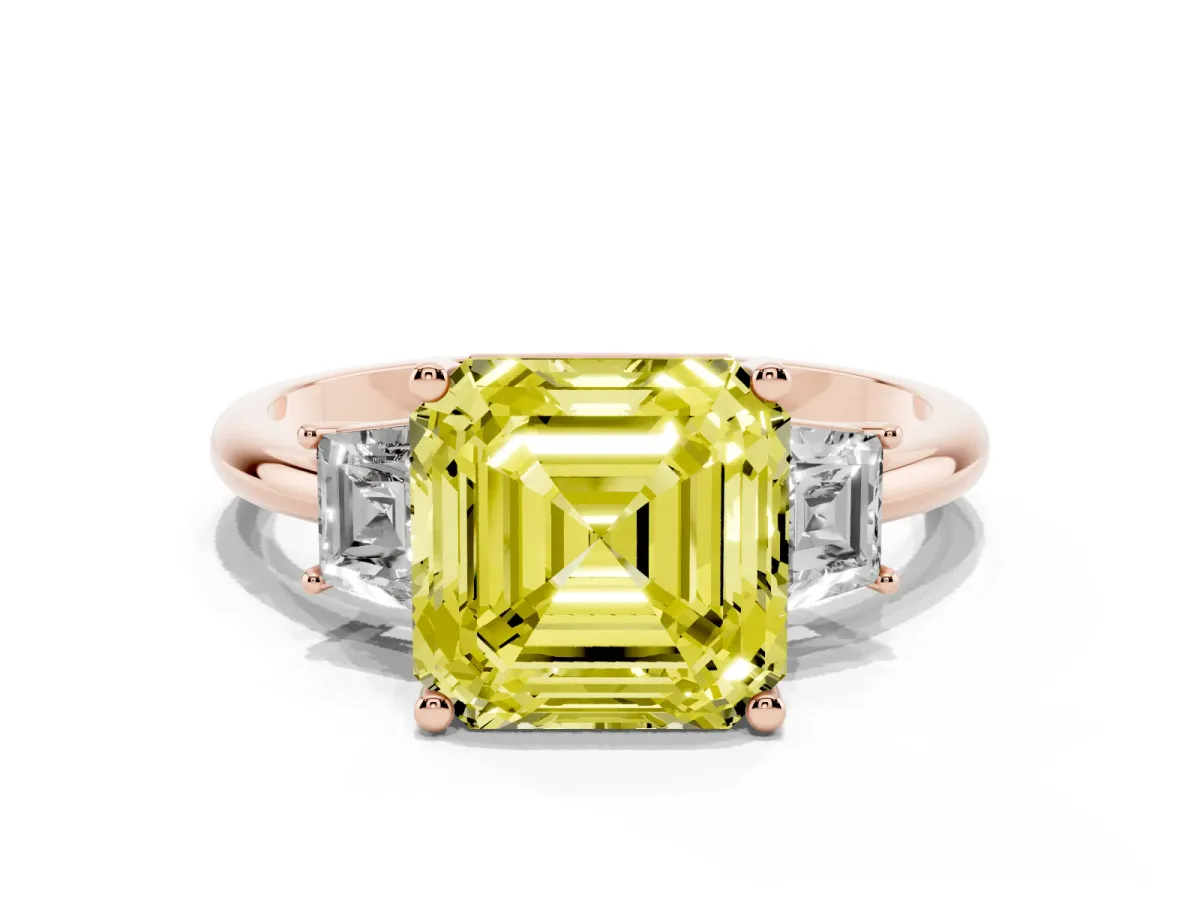 Fancy Yellow Asscher Cut Diamond Three-Stone Ring with Trapezoid Side Stones and Prong Setting Rose gold
