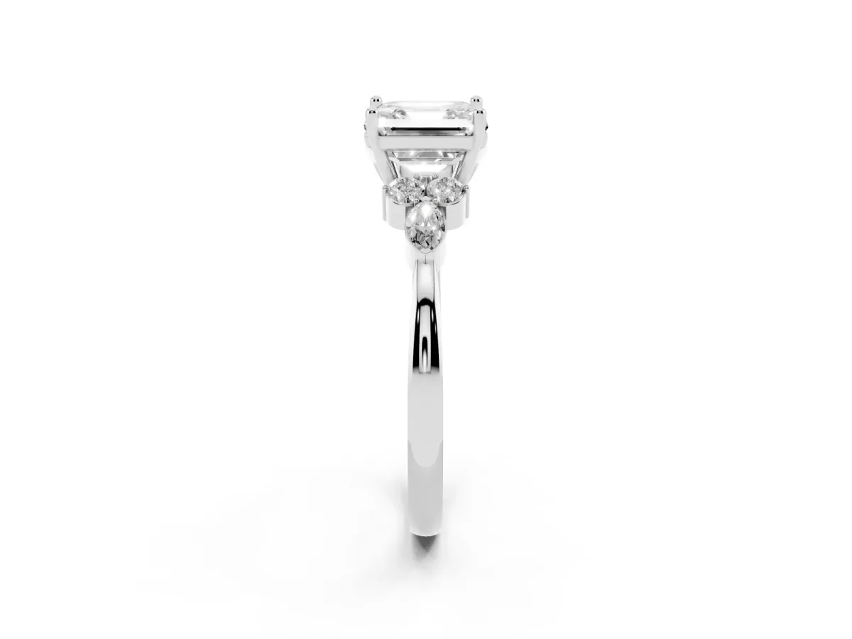 Asscher Cut Brilliant Diamond Solitaire Ring with Pear Side Stones and Four-Prong Setting Silver