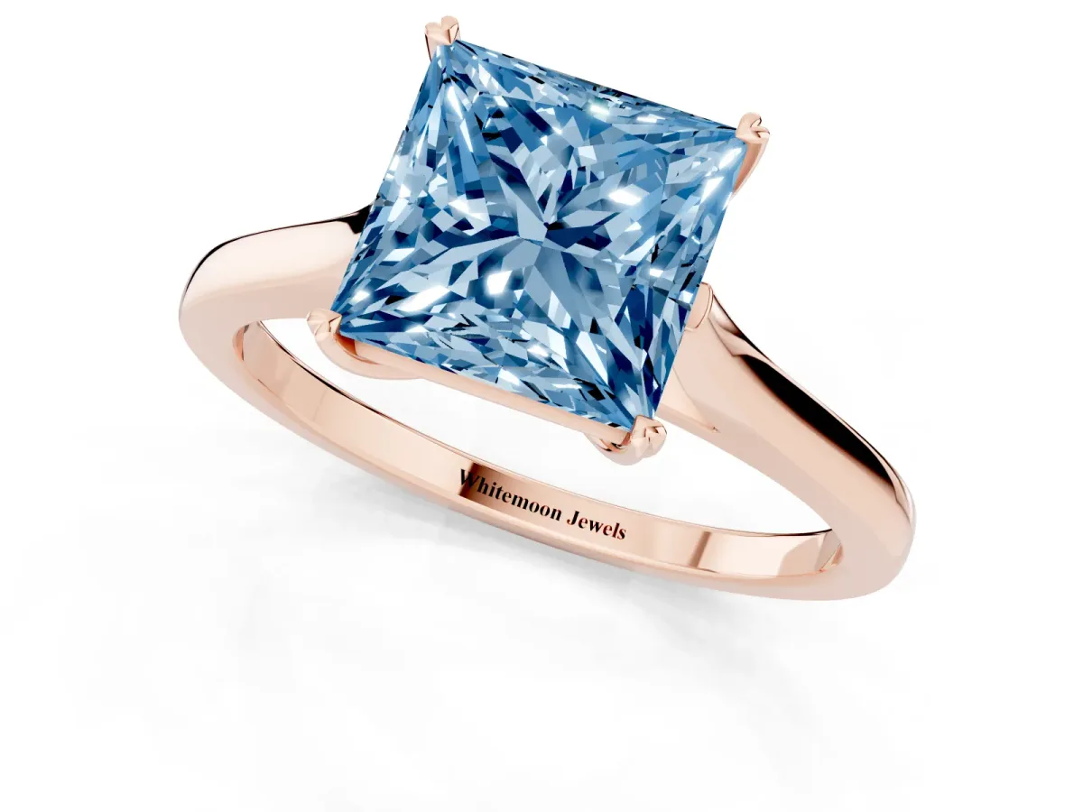 Fancy Blue Princess Cut Solitaire Heart Prong Engagement Ring with Tapered Band Rose gold