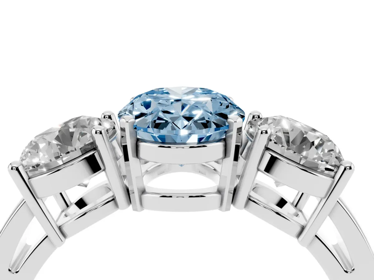 Fancy Blue Three-Stone Oval Cut Diamond Ring with Round Side Stones, Classic Band, and Four-Prong Setting White gold
