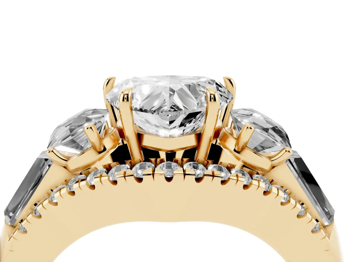 Three-Stone Heart Cut Diamond Engagement Ring with Pave Band and Prong Setting Yellow gold