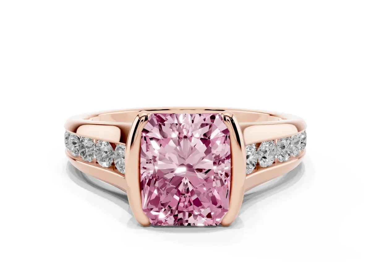 Fancy Pink Radiant Cut Solitaire Bezel-Set Diamond Ring with Channel-Set Band Rose gold
