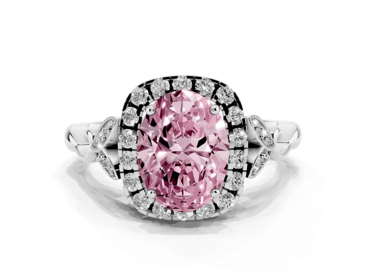 Fancy Pink Oval Cut Halo Diamond Engagement Ring with Vintage-Inspired Band and Four-Prong Setting White gold