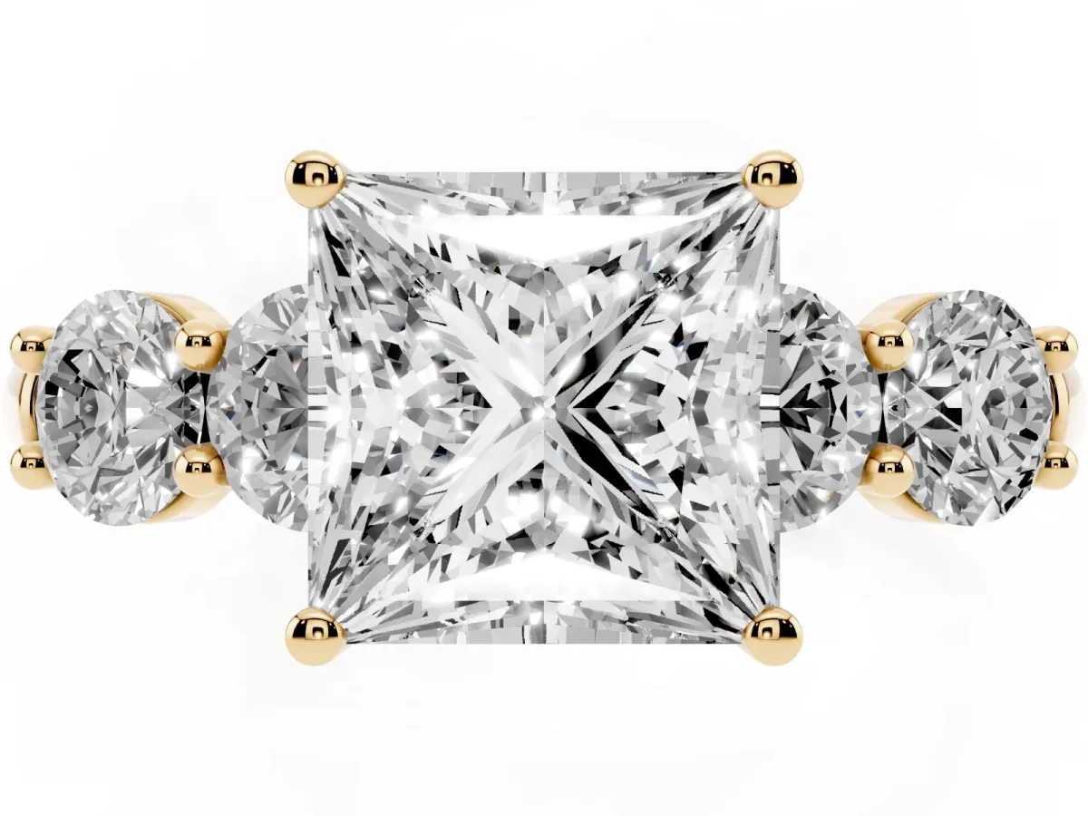 Princess Cut Cut Five-Stone Prong Set Diamond Ring with Classic Band Yellow gold