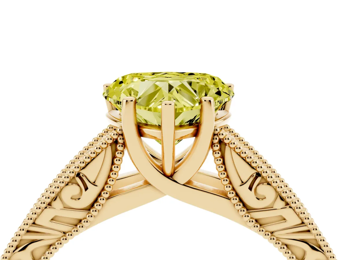 Fancy Yellow Heart Cut Diamond Solitaire Ring with Engraved Band and Four-Prong Setting Yellow gold