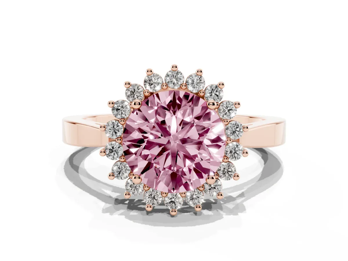 Fancy Pink Round Cut Cut Diamond Halo Ring with Round Brilliant Halo and Solitaire Band Rose gold