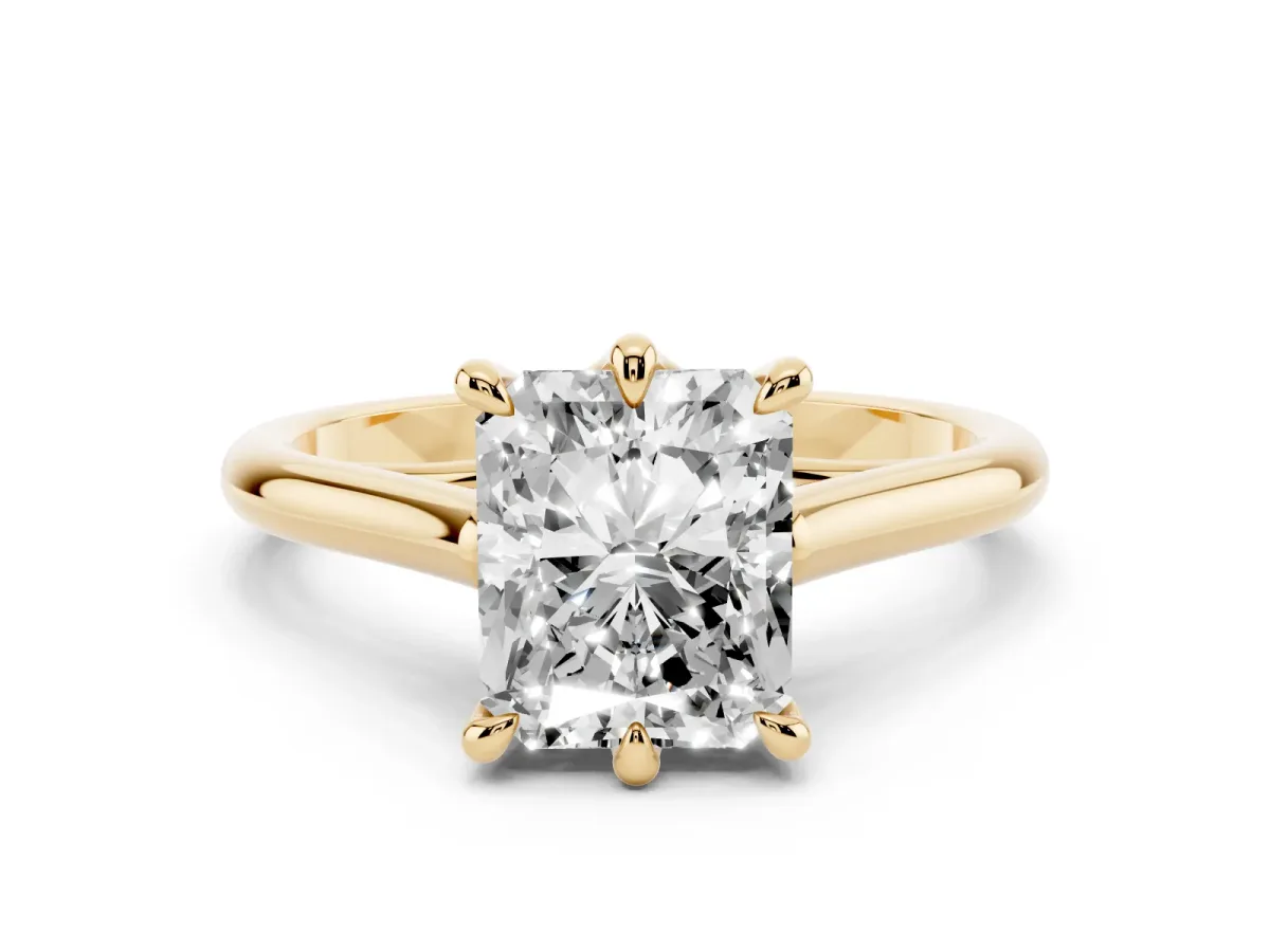 Radiant Cut Solitaire Engagement Ring with Six-Prong Setting and Classic Band Yellow gold